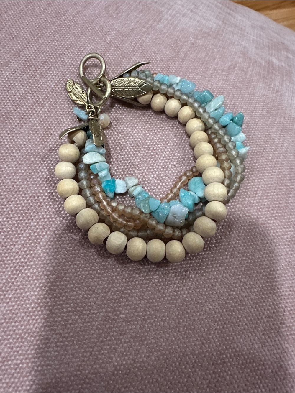 Beaded Multi-Strand Blue & Natural Bracelet with Leaf Charms